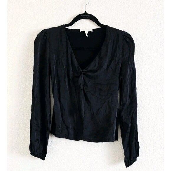 Maje Black Silk Satin Tied Size 1 US XS Blouse Long Sleeve Top - Picture 2 of 9